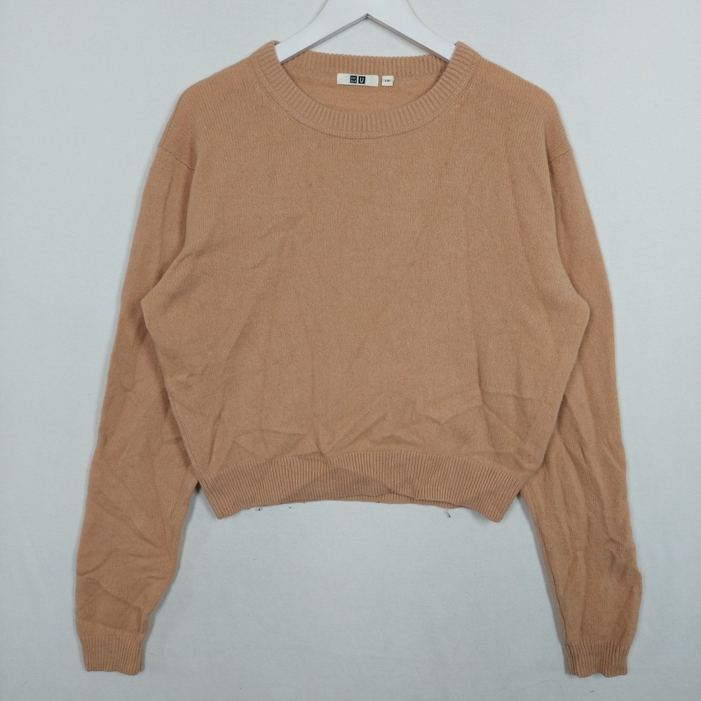 Uniqlo U Crew Neck Knit Sweater Tan Camel Brown Size L Long Sleeve Minimalist